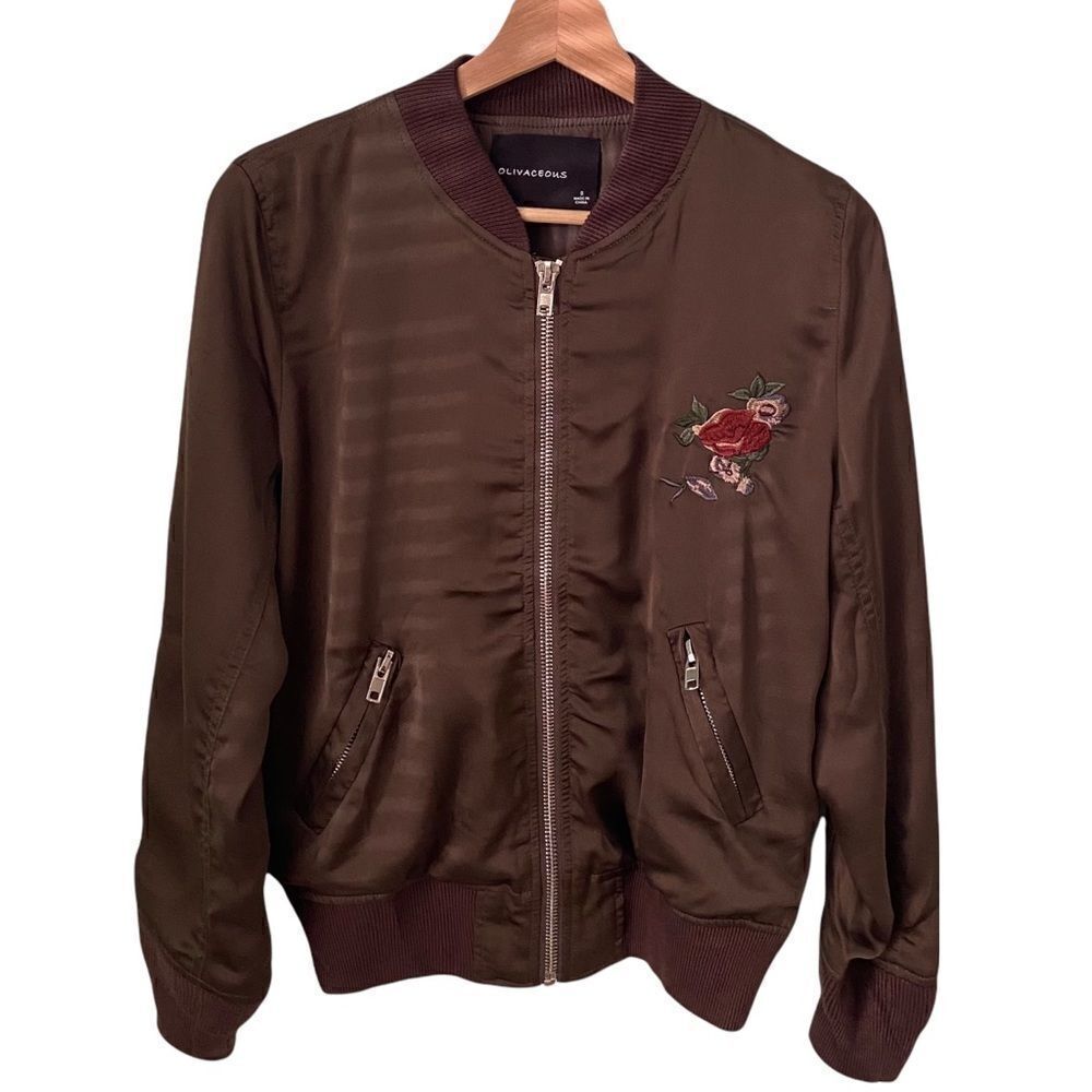 NEW Olivaceous Floral Embroidered Satin Bomber Jacket in Size Small